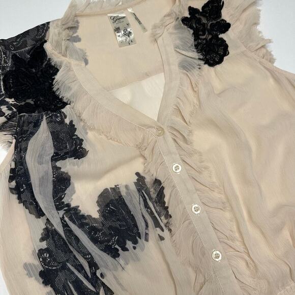 Vintage Y2K Guess Sheer Chiffon Peplum Top with Lace Appliqué - Picture 2 of 9